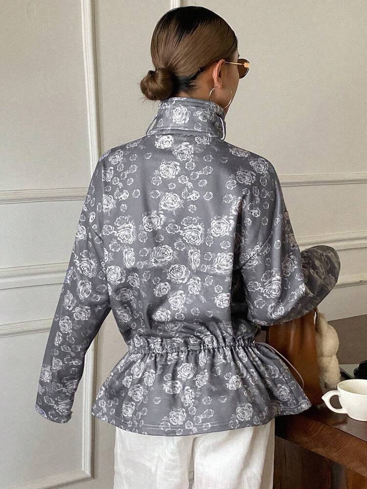 Vintage Floral Print Loose High Neck Long Sleeve Drawstring Ruched Hem Casual Street Sweatshirt For Women, Autumn/Winter