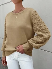 EURMUSE 女士纯色圆领长袖休闲毛衣 - 米色 - 查看 4