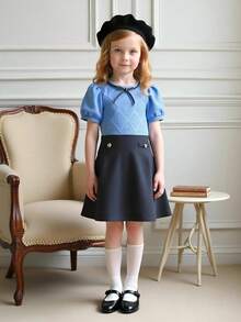 Joliand Joliand 1pc Young Girls Elegant Navy Blue Dress,Summer Back-To-School Geometric Print Puff Sleeve Bow Decor Patchwork School Uniform Preppy Career Day Dress - Multicolor - View 8