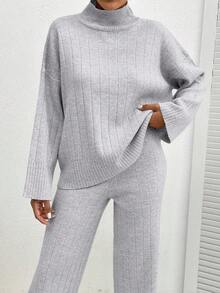 EURMUSE Ensemble deux pièces de pull à manches longues et pantalon en tricot de couleur unie - Gris pâle - Voir 3