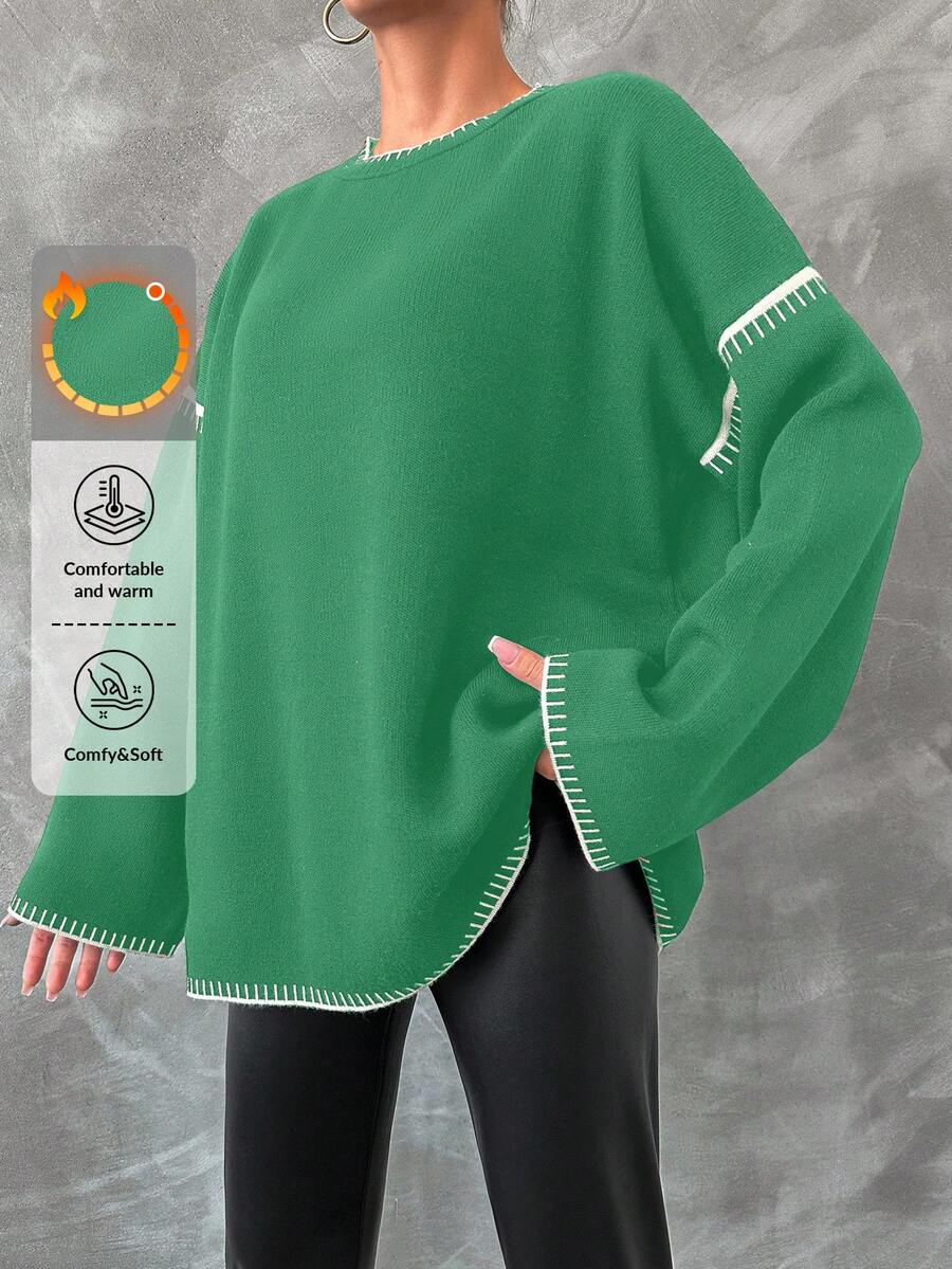 EURMUSE Jersey De Cuello Redondo Con Hombros Caídos Y Ribete De Contraste - Verde - Ver 1