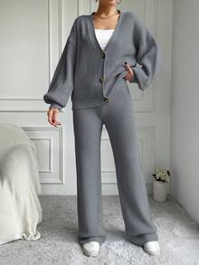 EURMUSE 2 件套女式纯色前扣长袖毛衣上衣和裤子套装 - 淺灰色 - 查看 5