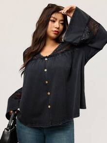Elaquor Plus Size Women Spring/Autumn Casual Vacation Style Solid Color Patchwork Lace Flare Sleeve Button Decor Loose Blouse - Black - View 8
