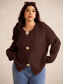 Elaquor Áo khoác len cardigan dệt kim màu trơn tối giản cỡ lớn, mùa thu/đông - Rỉ Nâu - Xem 7