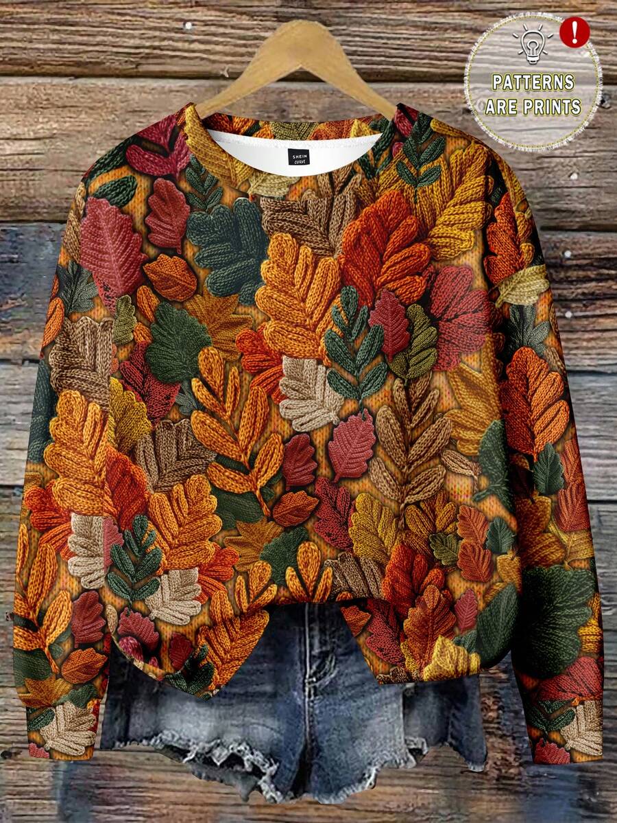 EMERY ROSE Thanksgiving Leaf Textured Print Plus Size Women Sweatshirt, Suitable For ,Spring - Multicolor - View 1