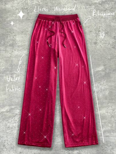 Y2Kool BiGraphic Pantalones deportivos de mujer de terciopelo con strass, de corte holgado, estilo Y2K, adecuados para fiestas, reuniones y uso diario. Idea de combinación: pantalones con estrellas, pantalones con strass, pantalones de seda, pantalones de estar por casa, pantalones anchos de chándal, colección de ropa de estilo, nuevos atuendos de Año Nuevo