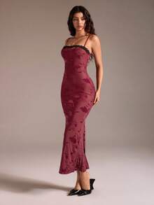 TRNVIE 1 件女士长裙，酒红色，秋冬款，撞色蕾丝，植绒烂花，超长款，细肩带，鱼尾，适合工作、休闲、约会、派对 - 酒紅色 - 查看 4