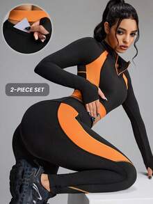 Innovista Damen Farbblock Sport Sets mit raffiniertem zweifarbigem Design, Trainingskleidung, atmungsaktive aktive Crop Top T-Shirts mit Leggings, Handy- und Kartentasche, zweiteiliges Set für tägliches Yoga, Radfahren, utilitaristische Eleganz, gestreiftes Design - Schwarz - Übersicht 8