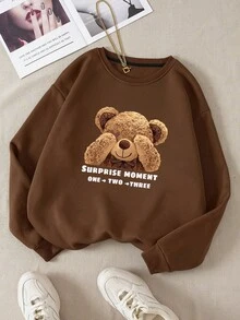 INAWLY Áo nỉ họa tiết thường ngày cỡ lớn dành cho nữ, hình gấu trúc và chữ dễ thương, màu ấm, phong cách đường phố, trang phục hàng ngày, thể thao, thu/đông, trở lại trường - Cà phê nâu - Xem 1