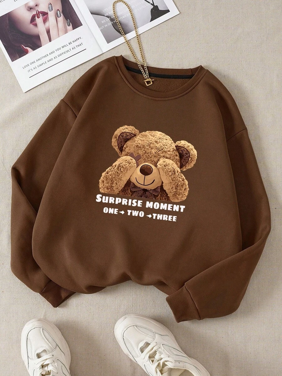 INAWLY Áo nỉ họa tiết thường ngày cỡ lớn dành cho nữ, hình gấu trúc và chữ dễ thương, màu ấm, phong cách đường phố, trang phục hàng ngày, thể thao, thu/đông, trở lại trường - Cà phê nâu - Xem 1