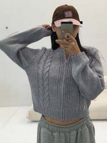 DAZY Women's Stylish Double Zipper Thick Cable Knit Cardigan, Casual Loose Fit Soft Sweater - Grey - View 1