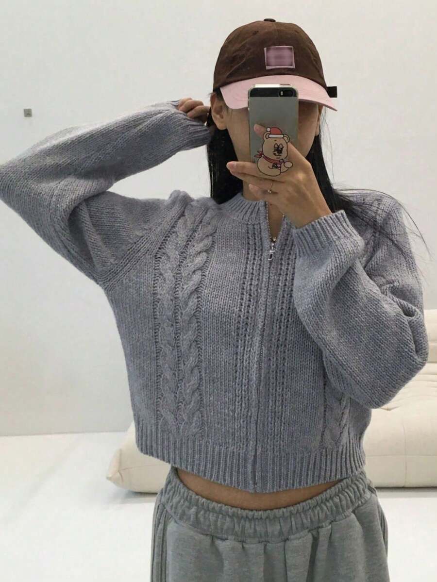 DAZY Women's Stylish Double Zipper Thick Cable Knit Cardigan, Casual Loose Fit Soft Sweater - Grey - View 1