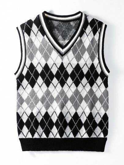Chillumni Men's Casual Contrast Color Diamond Knit Vest, Geometric Pattern V-Neck Sweater Vest, Winter