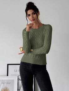Firerie Women's Elegant Casual College Style Versatile White Crew Neck Cable Knit Button Decor Fitted Sweater,Fall,Fall Clothes For Women - Army Green - View 4
