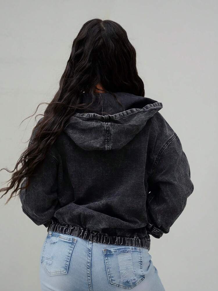 SAYEHFBABY Chaqueta vaquera minimalista con cremallera delantera y manga larga para mujer, uso casual diario - Negro - Añade 2