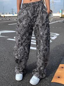 Livesso Autumn/Winter Fashion Floral All-Over Print Loose Casual Straight Leg Pants, For Women - Dark Grey - View 6