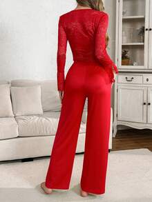 SHEIN Set pigiama da donna con top corto con bordo in pizzo e pantaloni a zampa, adatto per primavera/autunno - Rosso - Visualizzare 2