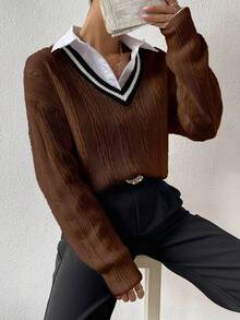 EMERY ROSE 女式休闲学院风撞色条纹装饰 V 领落肩宽松麻花针织套头衫，秋冬 - 摩卡棕 - 查看 5