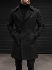 Manfinity Mode 男士加大码街头风黑色纯色防静电双排扣宽松风衣，休闲风衣，男友/老公礼物，周年纪念礼物，男士长款外套，男士大衣，双排扣风衣，男士黑色风衣，暗黑学院风男士风衣，男士外套，男士秋季系列 - 黑色 - 查看 7