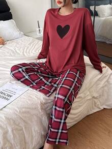 SHEIN Heart Plaid Print Long Sleeve Top & Pants Women Casual Pajama Set, Fall & Winter Clothes - Red - View 4