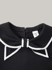 PrepCrw 1pc Young Girls Elegant School Style Urban White Trim Black Bow Collar Long Sleeve Fitted Shirt, Suitable For Outings, Gatherings, Back To School, Autumn/Winter Fall,Holiday - Black - View 6