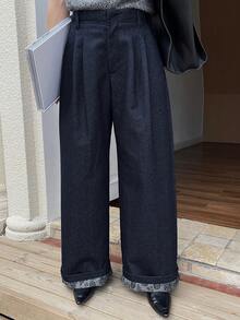 DAZY 女式褶皱长款休闲直筒牛仔裤 - 深色水洗藍 - 查看 4