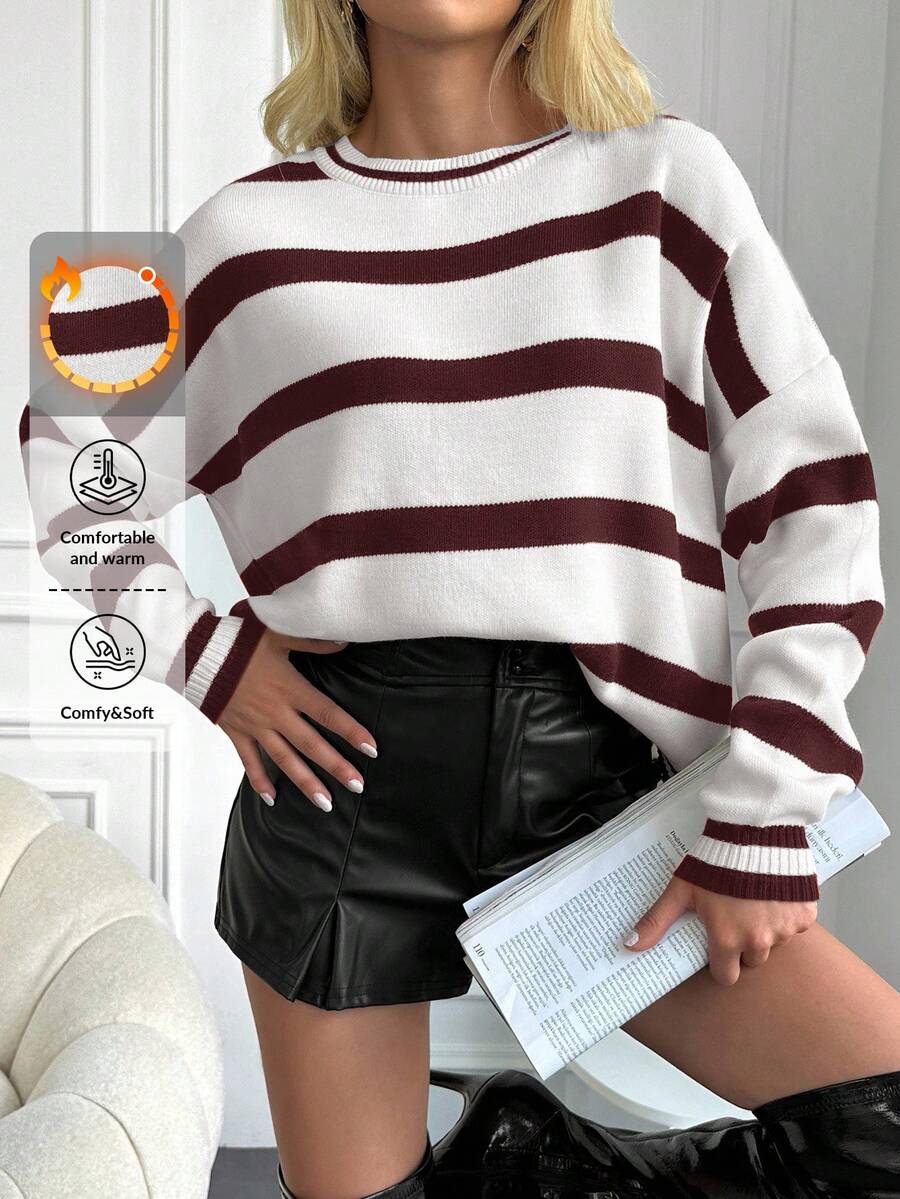 SHEIN Cottnline 女士条纹圆领落肩长袖休闲宽松毛衣,秋冬 - 酒紅色 - 查看 1