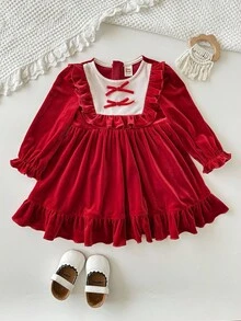 Cozy Pixies Đầm dự tiệc Giáng sinh tay dài phối ren bèo nhún nhiều màu sắc cho bé gái, thoải mái, đa năng, thời trang, dễ thương, thanh lịch, thích hợp mặc trong nhà, ngoài trời, hàng ngày, thể thao, vui chơi, tiệc tùng vào mùa thu/đông - Nhiều màu - Xem 3