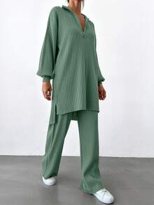 EURMUSE 2pcs Women Casual Solid Color Ribbed Knit Dropped Shoulder Sweater And Pants Set, Autumn/Winter - Mint Green - View 6