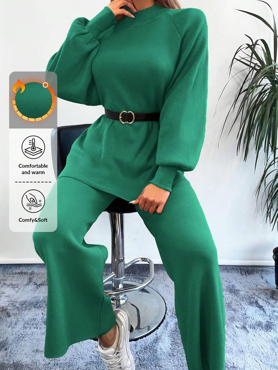 EURMUSE Mock Neck Raglan Sleeve Sweater & Knit Pants Without Belt - Green - View 1
