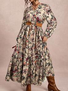 SHEIN LUNE 大码女装秋冬飘逸舒适修身长裙 花卉印花长袖女式冬季服装 女式V领冬季长裙 万圣节服装 女式洋娃娃风格长裙 慵懒休闲风格外出服装 教师服装 大码长裙 外出长裙 - 彩色 - 查看 6