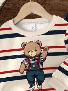 SHEIN Setelan Baju Olahraga Rajut Lembut Leher Bulat Longgar Bergaya Kartun Beruang Garis-garis Kasual Nyaman untuk Bayi Laki-laki, Cocok untuk Musim Gugur/Dingin - MultiWarna - View 4