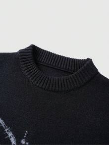 ROMWE MEN Street Life Men's Spider Pattern Loose Fit Long Sleeve Sweater, Winter - Black - View 1