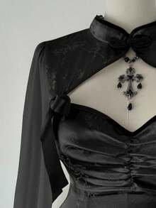 Sunspun 新款时尚设计提花拼接雪纺袖长袖改良中式旗袍裙蕾丝蝴蝶结 - 黑色 - 查看 8