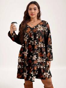 Plus Size Casual Floral Print Dress, Autumn New Year Party - Multicolor - View 5