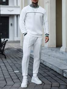 Manfinity CasualCool Men's Fleece Autumn/Winter Thermal Lined Contrast Color Ribbed Crew Neck Sweatshirt + Drawstring Sweatpants, Contrast Color Trim Split Design - White - View 5