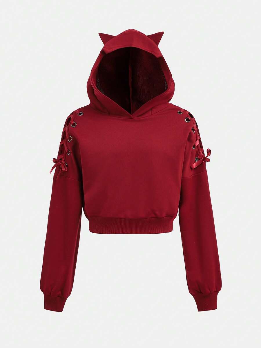 SHEIN Girlism Áo nỉ dài tay có mũ trùm đầu hình tai mèo màu đen phong cách đường phố dành cho bé gái tuổi teen, áo nỉ ngắn tay màu đỏ cho mùa thu/đông, áo nỉ có nơ cho bé gái. - Màu Đỏ Sâu - Xem 1