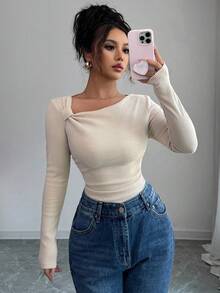 SHEIN PETITE Nouveau T-shirt à manches longues plissé avec col oblique en côtes brossées de couleur unie pour l'automne/hiver, top casual slim fit