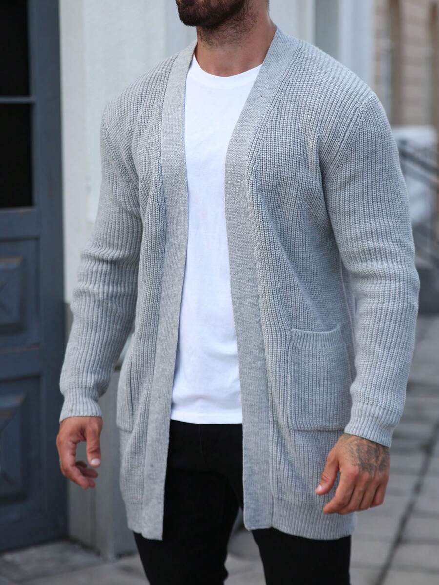 Manfinity Homme Áo khoác cardigan dài tay dáng rộng dành cho nam, chất liệu dệt kim gân, màu trơn. - Màu Xám nhạt - Xem 1