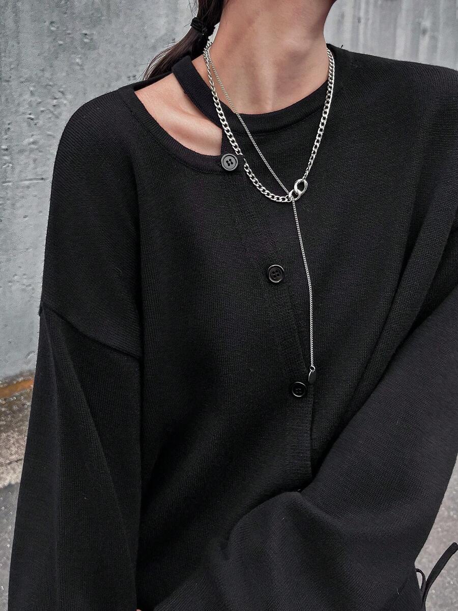 FRIFUL Suéter casual de mujer de ajuste suelto, de manga larga con hombros caídos, color negro sólido, adecuado para otoño/invierno - Negro - Ver 1