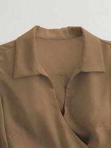 Franclia 2pcs Women Elegant Shiny Fabric Top And Pleated Midi Skirt Set, Suitable For Layering Or Standalone, Autumn/Winter - Multicolor - View 4