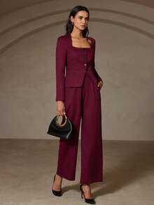 Revavyn Conjunto de blazer y pantalones de mujer de unicolor, de manga larga, con cuello invertido y ajustado - Rojo - Ver 3
