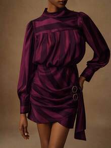 Vesra 女式中式领扣短款连衣裙 - 酒紅色 - 查看 5