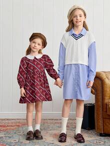 Joliand Joliand 1pc Tween Girls Elegant College Style Casual Blue And White Stripe 2 In 1 Shirt Dress,White Ribbed V-Neck Sweater Vest,Autumn School Back-To-School - Multicolor - View 5