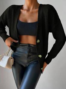 EURMUSE Lockeres Cardigan Mit Fallenden Schultern Und Knöpfen Am Oberteil - Armeegrün - Übersicht 5