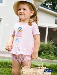 Joliand Joliand 2pcs Baby Girls Cute Animal Pattern Crew Neck Top And Shorts Set, Elegant City Style Casual Outfit Suitable For Daily, Travel, Gathering, Party, Summer ColorfulJoy - Pink - View 5