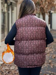 Calvaya Plus Size Women Sleeveless Printed Padded Vest - Brown - View 2