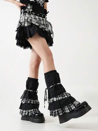 Goth 1 Paar schwarze karierte Beinstulpen, Y2K Baddie Stil, vielseitige vintage Subkultur Schnürstulpen, geeignet für den täglichen Lässig-Stil, Schule, Urlaub, Halloween, Weihnachten und andere Anlässe