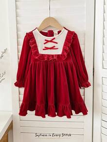 Cozy Pixies Đầm dự tiệc Giáng sinh tay dài phối ren bèo nhún nhiều màu sắc cho bé gái, thoải mái, đa năng, thời trang, dễ thương, thanh lịch, thích hợp mặc trong nhà, ngoài trời, hàng ngày, thể thao, vui chơi, tiệc tùng vào mùa thu/đông - Nhiều màu - Xem 4