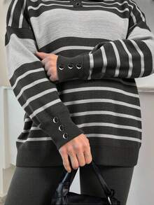 EURMUSE 2pcs/set Stripe & Printed Loose Casual Sweater Set - Dark Grey - View 5
